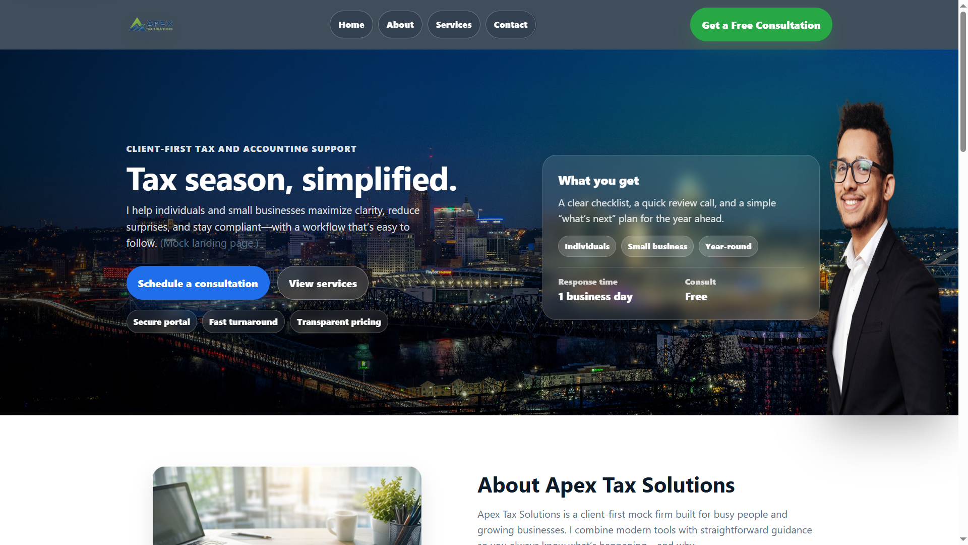 Apex Tax Solutions hero section with service intro headline